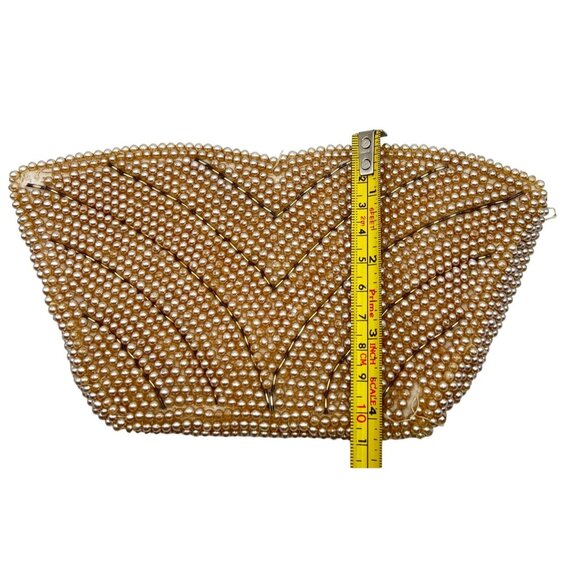 Vintage La Regale Faux Pearl Beaded Japan Zip Top Clutch Purse Bag Cream Gold - Picture 9 of 9